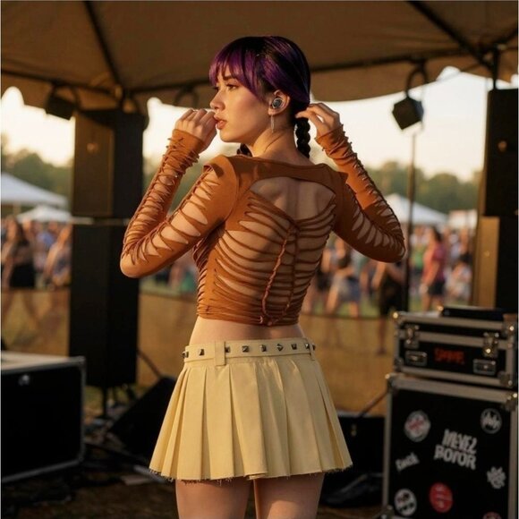 Current Mood Earth Brown Slashed Long Sleeve Crop Top XS - Picture 2 of 9